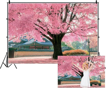 Renaiss 7x5ft Pink Cherry Blossom Backdrop Polyester Fabric Japan Cherry Floral Tree Landscape Palace Asian Themed Party Photography Background Wedding Birthday Party Decor Photo Booth Props