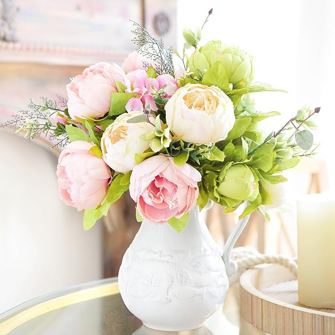 FiveSeasonStuff 2 Bundles Pink Beige Green (Spring Waltz) Peonies Artificial Flower Bouquet