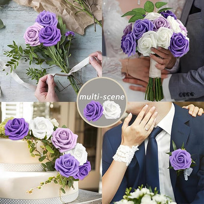 Artificial Flowers 100PCS Purple Roses Real Looking Lilac Foam Fake Roses with Leaves and for DIY Wedding Bouquets Bridal Shower Centerpieces Party Decorations (Purple Series, 100)