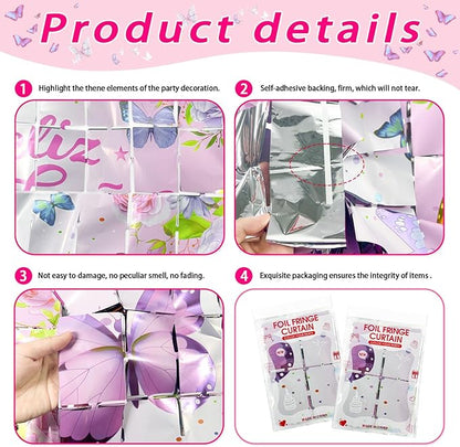 2 Pack Butterfly Foil Fringe Curtains 3.28 x 6.56Ft Butterfly Tinsel Curtain Streamers Backdrop Pink Floral Photo Booth Backdrop Butterflies Birthday Baby Shower Party Decorations for Kids Girls