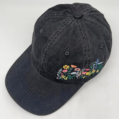 Cute Flower Hat, Elegant Floral Embroidered Adjustable Baseball Cap for Men Women, Gifts for Flower Lovers, Black