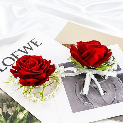 SITUMEIZI 2Pcs Red Rose Corsage and Boutonniere Set Corsage Wristlet Band Bracelet for Prom Decor and Boutonniere for Men Wedding Flowers Accessories Party Suit Decoration