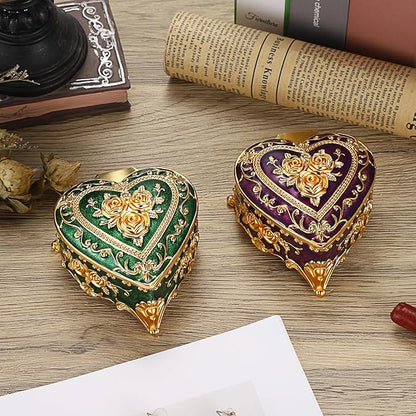 Hipiwe Decorative Jewelry Box Purple Vintage Jewelry Storage Case with Rose Pattern Heart Shaped Treasure Chest Box for Earrings Ring Necklace Keepsake Organizer