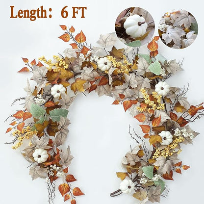 MIZII Fall Decor Artificial Maple Leaf Pumpkin Garland 6FT Fake Autumn Vines Garland Thanksgiving Halloween Harvest Decorations for Porch Mantle Table Centerpieces Fireplace Farmhouse (White PK)