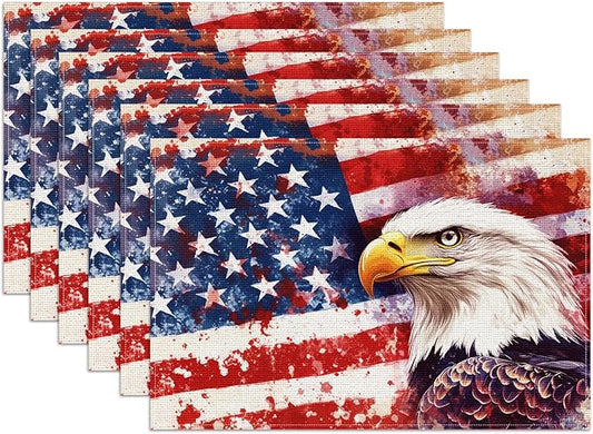 Eagle USA Flag Placemats Set of 6, Linen Place Mat Washable Stain Resistant Table Mats for Farmhouse Kitchen Dining Holiday Party Wedding Decor 12x18 Inch