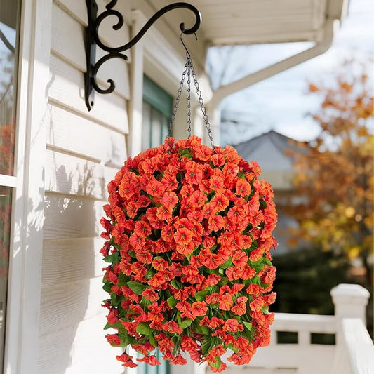Artificial Faux Hanging Flowers Basket for Fall Outdoor Porch Decor, Fake Silk Colorful Morning Glory Eucalyptus in Planter UV Resistant Look Real for Home Balcony Yard(Orange)