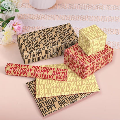 SHUCHING Birthday Gift Kraft Wrapping Paper Roll, Perfect Design for Baby Kids Girl Boy Men Women, 3 Rolls, 17 Inch X 9.8 Feet per Roll