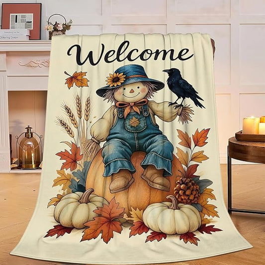 Fall Pumkin Blanket Farmhouse Autumn Harvest Throw Blanket Fall Scarecrow Soft Cozy Fleece Fuzzy Stuffed Plush Flannel Gifts for Girls Women Boys Kids Adults 40''x50''