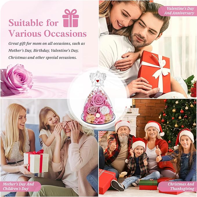Preserved Flowers in Glass Angel Figurine with LED Light,Forever Real Roses Prime Eternal Flower Birthday Glitter Decorations for Her Women Mom Grandma Sister (Pink)