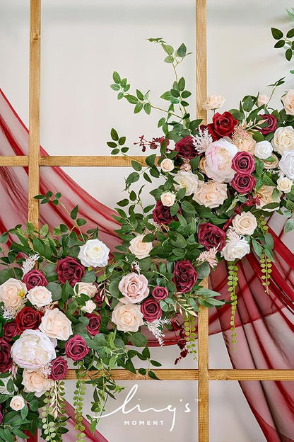 Ling's moment 9FT Spring Flower Garland - Wedding Arch Flowers, Eucalyptus & Rose, Artificial Floral Garland for Mantle - Sweetheart Table Decor for Reception, Backdrop Decorations, Marsala