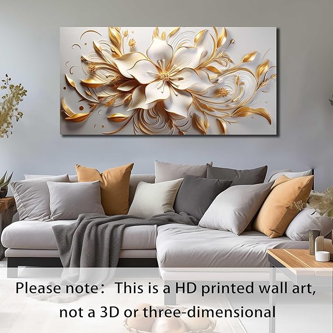 Flower Canvas Wall Art for Bedroom White and Gold Wall Decor for Living Room Wall Art for Dining Room Large Size 29" x 58"