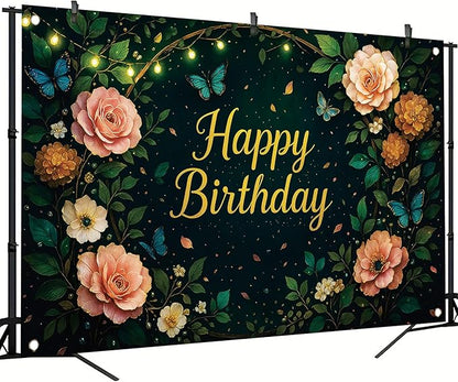 Greenery Birthday Backdrop Sage Green Floral Butterfly Banner String Lights Party Decorations Photography Background for Women Girls Birthday Supplies Photo Booth Prop 71 x 43 Inch