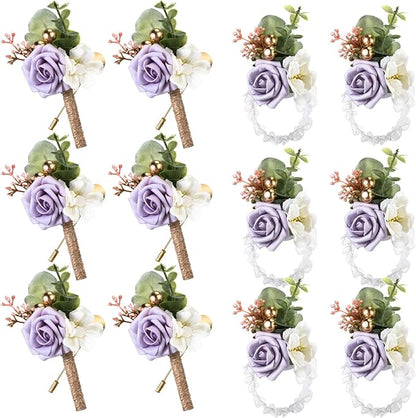 12 Pcs Wedding Wrist Corsage and Boutonniere Set Rose Wrist Corsage for Prom Boutonniere for Men Wedding Flowers Accessories Prom Suit Decorations for Wedding Ceremony (Light Purple)