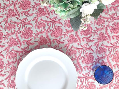 ATOSII Red Bloom 100% Cotton Tablecloth, Handblock Print Rectangle Table Cover for Kitchen Dining I Tabletop Linen I Parties, Wedding, Spring Summer Table Cloth 60 X 90 Inches