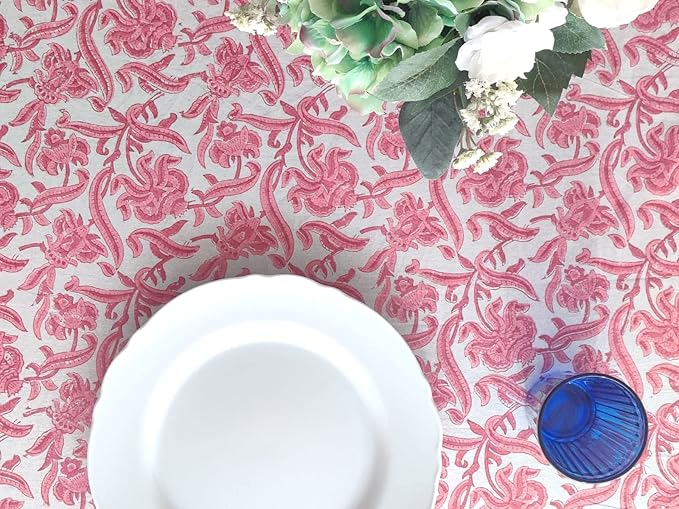 ATOSII Red Bloom 100% Cotton Tablecloth, Handblock Print Rectangle Table Cover for Kitchen Dining I Tabletop Linen I Parties, Wedding, Spring Summer Table Cloth 60 X 108 Inches