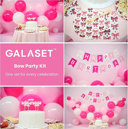 Pink Happy Birthday Decorations, Bow Coquette Birthday Decorations Includes Bow Plates, Napkins, Forks, Cupcake Toppers, Banner Balloons, and Pump Pink Decorations for Party, Serves 20