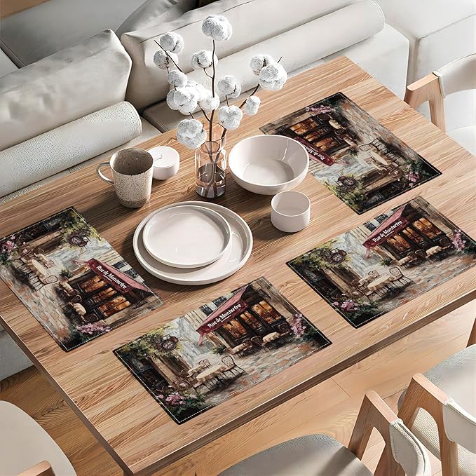 Street Scene Placemats Set of 6, Italian Place Mats, Rustic Street Stone Rock Houses in Italy City Dining Table Mats, Washable Placemats for Kitchen Dining Room 18L'' × 12W''