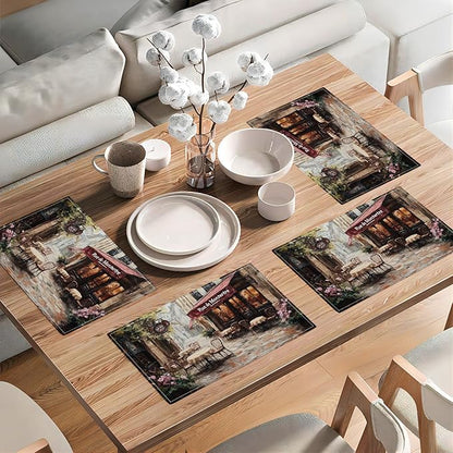 Street Scene Placemats Set of 6, Italian Place Mats, Rustic Street Stone Rock Houses in Italy City Dining Table Mats, Washable Placemats for Kitchen Dining Room 18L'' × 12W''