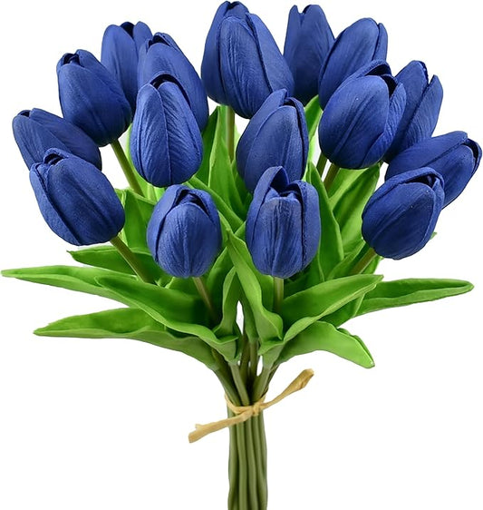 Mandy's Artificial Tulips 20 Stems Navy Blue PU Faux Flowers for Thanksgiving and Christmas Decorations Wedding Home Decor 13.5 Inch