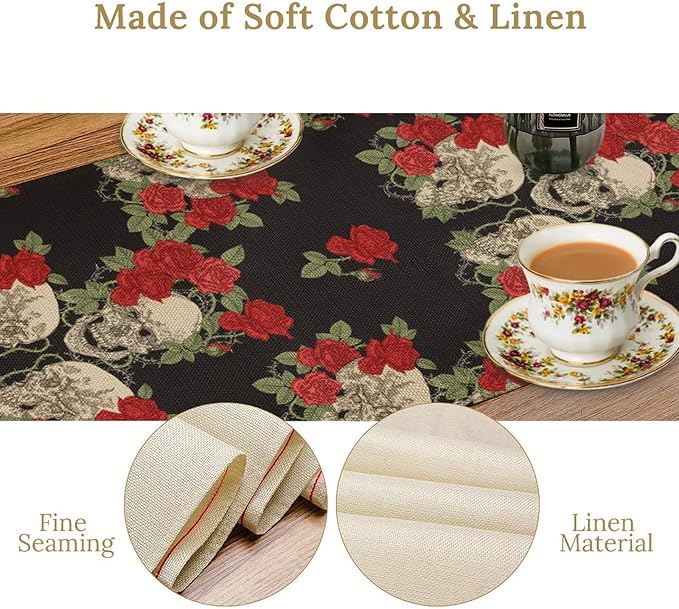 Gothic Table Runner,Red Rose Skull Print Table Runner for Home Kitchen Table Dining Garden Farmhouse Wedding Party Decor 13x36 Inch