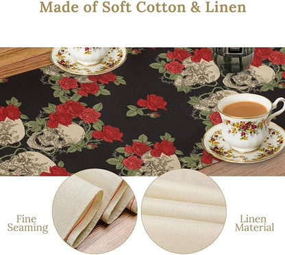 Gothic Table Runner,Red Rose Skull Print Table Runner for Home Kitchen Table Dining Garden Farmhouse Wedding Party Decor 13x108 Inch