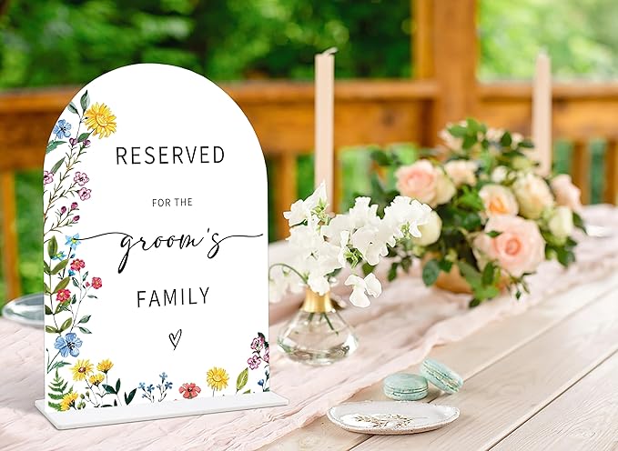Acrylic Wedding Signs Reserved Table Sign for Reception, Reserved for The Groom's Family, 6x8" Floral Themed Arch Acrylic Table Decor, Love Is In Bloom Decorations for Bridal Shower Engagement