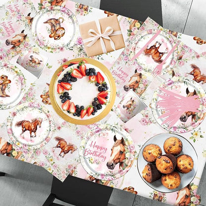Horse Birthday Decorations Tableware,171PCS Cowgirl Floral Themed Birthday Tea Party Supplies,Flower paper plates,Horse napkins,Forks,Horse Table Cloth,for Girls Rodeo,Bachelorette Fairy Parties