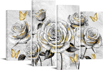sechars Rose Wall Art Decor Grey and Gold Floral Pictures Painting Flower with Butterflies Canvas Prints Framed