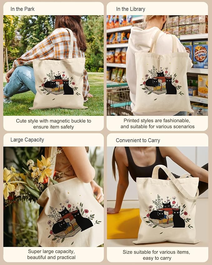 Aesthetic Tote Bag for Women- with Magnetic Buckle and Zipper Inner Pocket Cloth Cotton Canvas Tote Bags