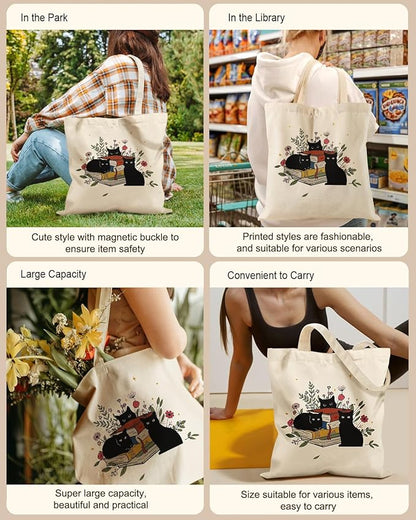 Aesthetic Tote Bag for Women- with Magnetic Buckle and Zipper Inner Pocket Cloth Cotton Canvas Tote Bags