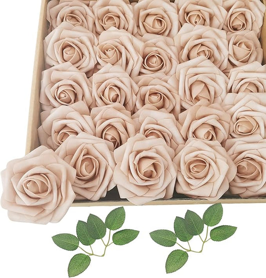 Artificial Flowers 25pcs Fake Roses, Caramel Foam Rose Faux Flower for DIY Wedding Bouquets Bridal Shower Centerpieces Floral Arrangements Home Decorations Party Backdrops Table