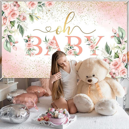 Mocsicka Oh Baby Backdrop Banner Girl Baby Shower Background Pink Floral Oh Baby Baby Shower Party Decorations Photo Booth Props (Pink, 6x3.6ft)