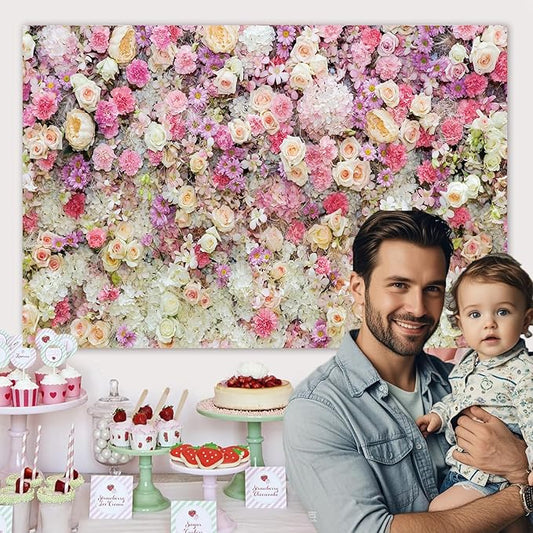 15x10ft Pink Rose Floral Flower Wall Backdrop Girls Wedding Birthday Bridal Shower Kids Portrait Background Photoshoot Cake Table Tea Party Photoshoot Decorations Photo Studio Props