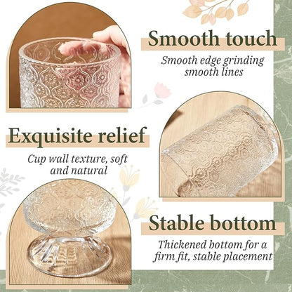 6 Pcs (H:7" W:4") Embossed Flower Vase Fall Pedestal Glass Vase Big Base Thickened Crystal Vintage Vases for Autumn Wedding Home Decor Table Centerpiece House Warming Gifts(Clear)