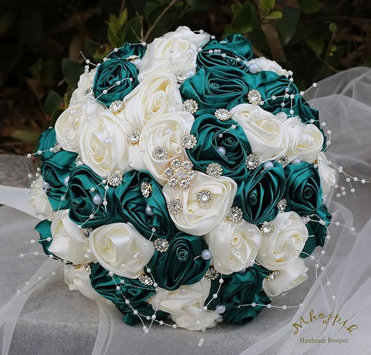 Bridal Wedding Bouquet Round Bling Brooch Bouquet Throw Toss Artificial Rose Flower Bunch for Bride Bridesmaid Wedding Quinceanera(Dark Green & Ivory, 6.3")