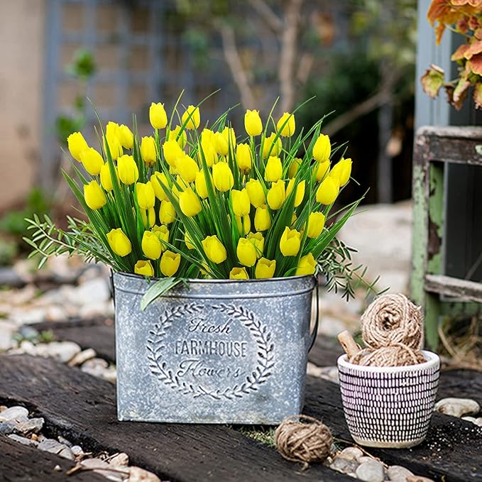 8 Bundles Outdoor Artificial Tulips Fake Flowers UV Resistant Faux Plastic Greenery Shrubs Plants for Home Outside Garden Porch Window Farmhouse Decor (Yellow)
