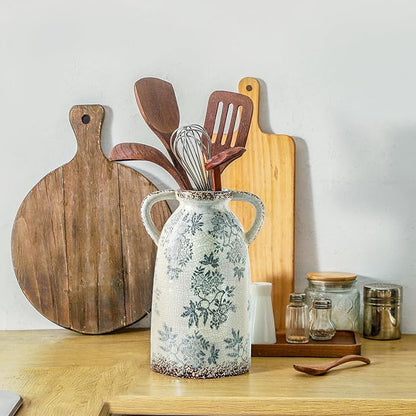 Enra Tall Vintage Blue and White Ceramic Vase with Handle, 11.2 Inch Chinoiserie Decorative Floral Vase, Large Rustic Ceramic Vase for Living Room, Office, Bookshelf, Home Decor