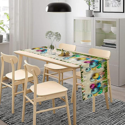 Christmas Table Runner,Colorful Balls Xmas Tree Snowflake Pattern Print Tablecloth Burlap for Hotel Indoors Outdoor Dining Room Kitchen Home Decor,W13X L70 in