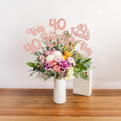 Gyufise 15Pcs 40th Birthday Centerpiece Sticks Forty Happy 40th Table Flower Centerpieces Sticks Cheers to 40 Floral Decorations for 40th Birthday Party Centerpieces Supplies Rose Gold