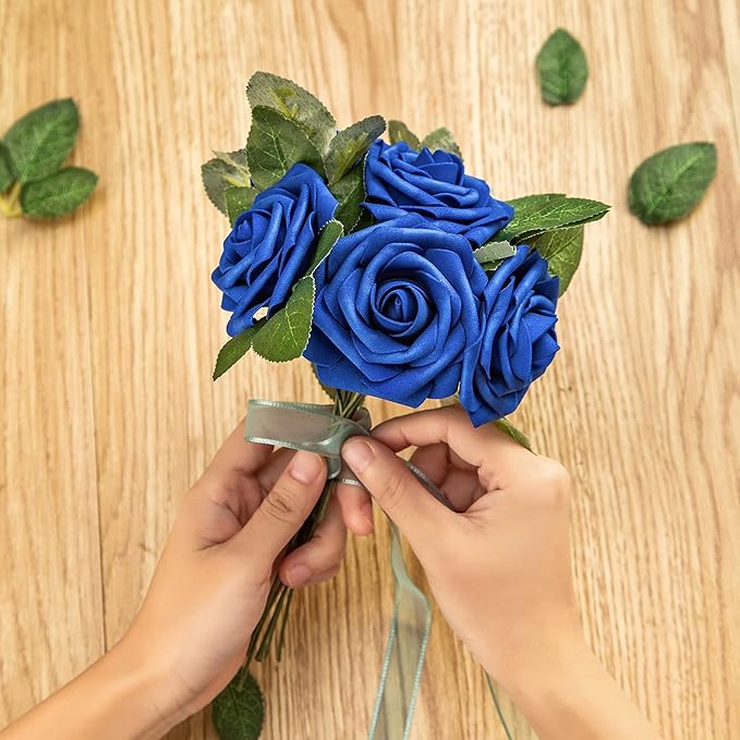 Artificial Flower Foam Rose 25pcs Real Looking Fake Rose with Stems Leaves for Home Decoration Party Garden Centerpieces DIY Wedding Bouquets（Royal Blue）