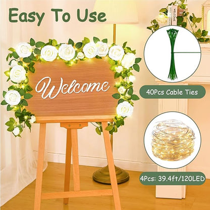 4 Pcs Flower Garland with 39.2 Ft Lights, 26.4 Ft White Floral Garland Fake Flowers for Wedding Arch Party Wall Garden Room Decor