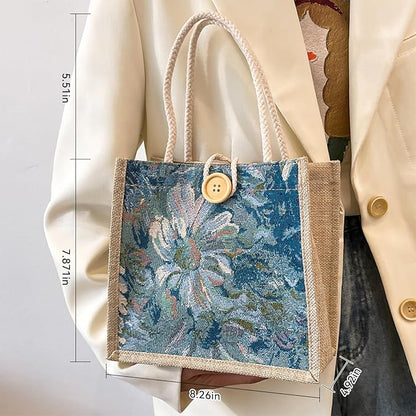Women Tote Bag,2Pcs Jute Casual Tote's Handbag Embroidered Personalized Bento Bag,Reusable Grocery Bags Shopping Bags