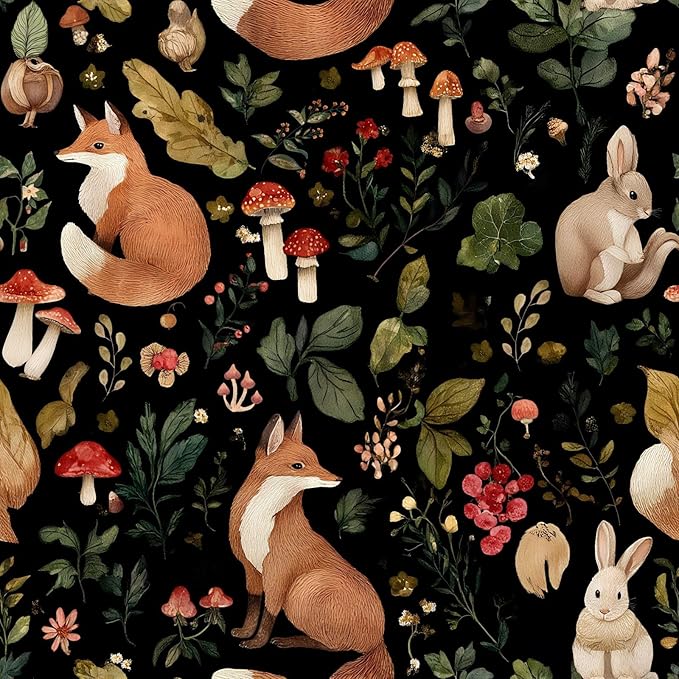 Vintage Fox Rabbit Mushroom Peel and Stick Wallpaper Removable Whimsical Botanical Leaf 17.7" x 118.11" Wall Paper Watercolor Self Adhesive Contact Paper for Classroom Bedroom laundry room bathroom