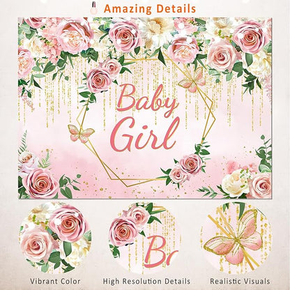 Pink Floral Baby Girls Baby Shower Backdrop Banner Decorations,Blush Rose Flower It's Baby Girl Backdrops Banner Photography Background Princess Baby Shower Party Photo Booth Supplies 5x3ft