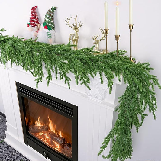 9 Ft Christmas Norfolk Pine Garland Real Touch Artificial Faux Greenery Christmas Garland Decorations for Home Mantle Table Fireplace Stairs Door Indoor Outdoor Holiday Decor