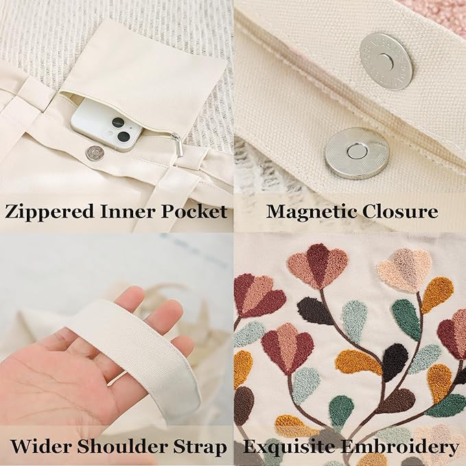 Aesthetic Embroidery Tote Bag for Lady Cute Reusable Canvas Shoulder Bag for Girls Women Shopping Grocery