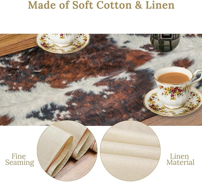 Cow Print Table Runner, Brown Cowhide Print Western Style Table Runner Country Farmhouse Cottage Cow Patten Table Decoration for Home Kitchen Dining, 13x60 in