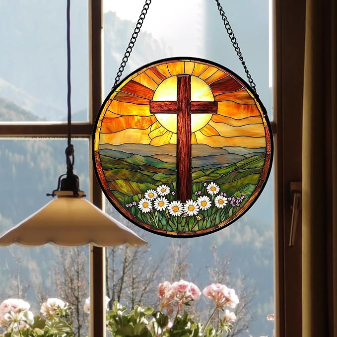 Christian Gifts for Women - Cross Stained Glass Window Hanging Easter Daisy Natural Landscape Sun Catcher Garden Religion Decor Mother's Day Catholic Gift for Men Grandma Mom Her Nana 15"