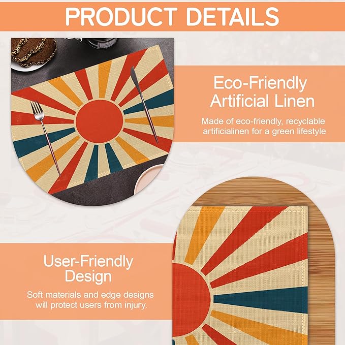 Abstract Sun Placemats Set of 6,Boho Geometric Washable Kitchen Dining Linen Table Mats for Home Party Dinner Indoor Outdoor 12x18Inch