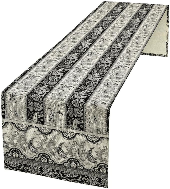 Vintage Bohemian Table Runner, Striped Black Grey Paisley Flower Boho Table Runner for Kitchen Dining Holiday Home Party, 13x60 Inch
